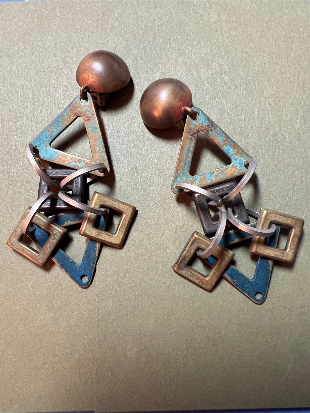 Patina Geometric Drop Earrings in Turquoise and Copper